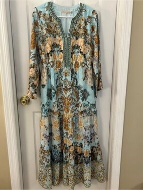 Soft Surroundings Pastel Blue & Gold Floral Embroidered Maxi Dress